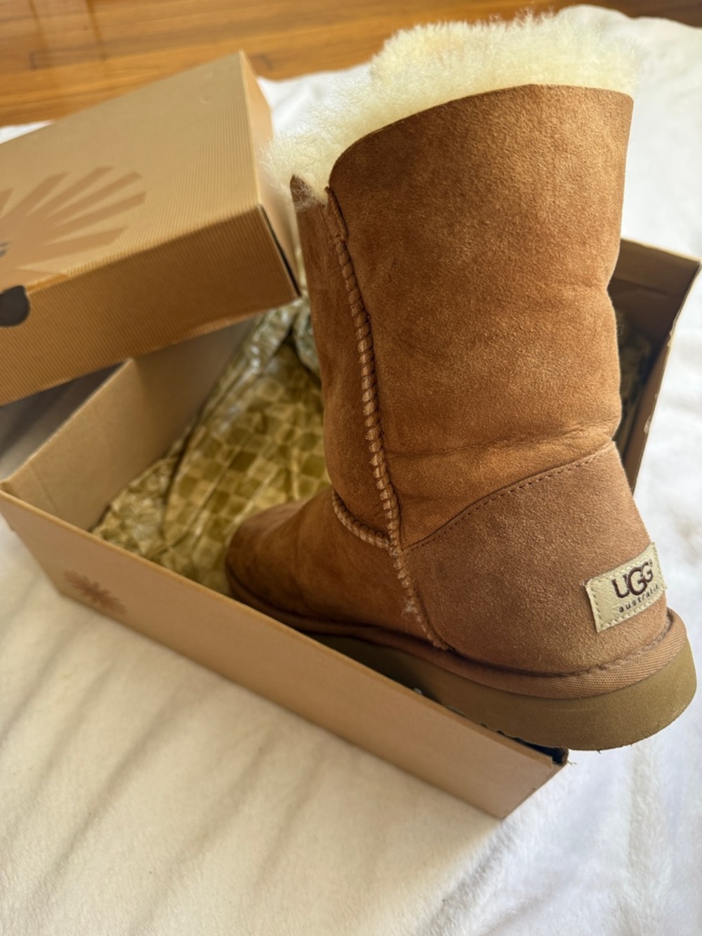 UGG Chestnut Suede Button Mid-Calf Shearling Boots - Picture 5 of 7